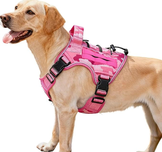 Heavy-Duty Tactical Dog Harness for Large Dogs, No Pull Adjustable Reflective Pet Vest with Molle System, K9 Military-Grade Control for Service Training, Outdoor & 10+ Breeds, Pink Camo, Medium