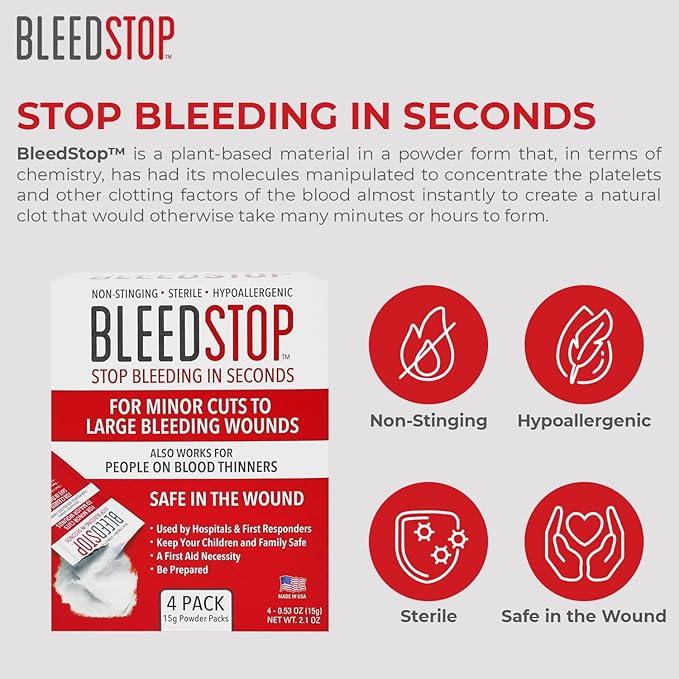 BleedStop™ First Aid Powder for Blood Clotting, Trauma Kit, Blood Thinner Patients, Camping Safety, and Survival Equipment for Moderate to Severe Bleeding Wounds or Nosebleeds - 1 (60g) Pouch