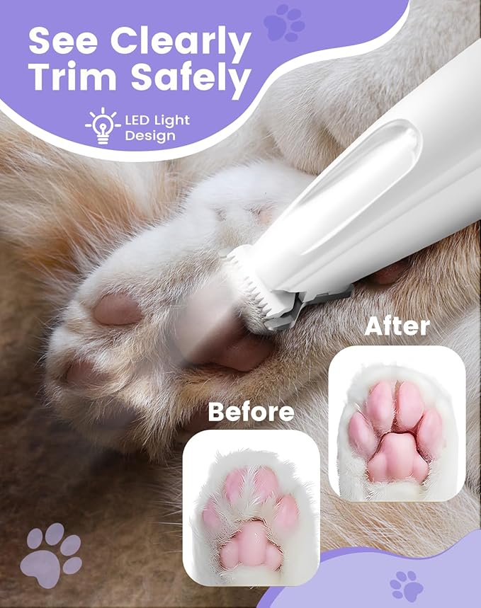 Dog Paw Trimmer with LED Light, 35dB Low Noise Paw Trimmers for Dog's Feet, 2 Speed Safety Electric Dog Clippers for Grooming, Rechargeable Cat Shaver for Paws, Ears, Face, Rump