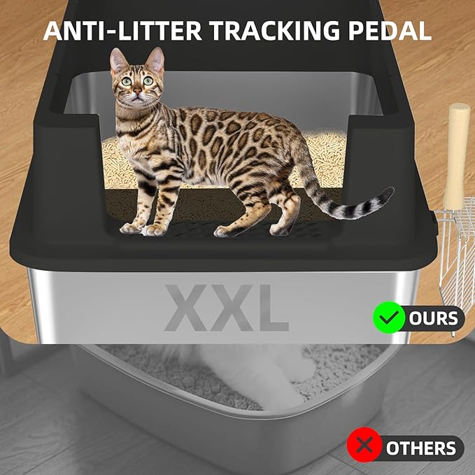 Stainless Steel Litter Box - 28" Extra Large XXXL Cat Litter Box with High Sides, Non-Sticky & Anti-Leakage for Big Cats/Multiple Cats, Includes Heavy Duty Metal Scoop (Black)