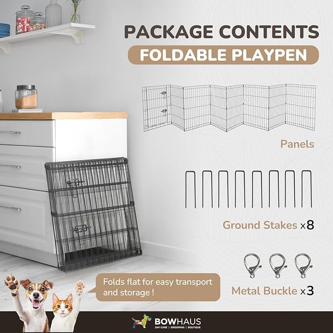 Foldable Outdoor/Indoor Pet Playpen with Gate, Available in 24 Inch Height Metal Portable Kennel, Heavy-Duty Exercise Fence Cage 8 Panels for Small Dog, Animals