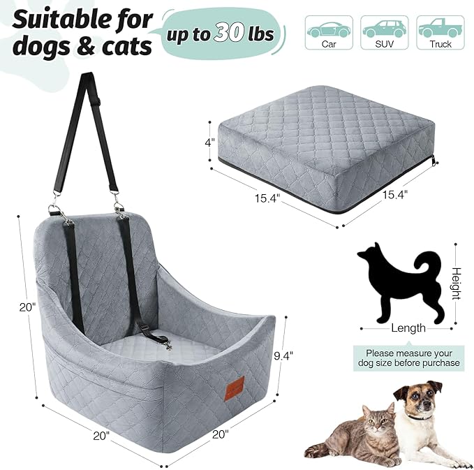 Dog Car Seat for Medium Dogs Up to 35lbs,Fully Detachable and Washable,Easy to Install with Adjustable Straps,Anti-Slip Bottom Travel Car Bed for Pets,2 Side Pockets(Grey,Medium)