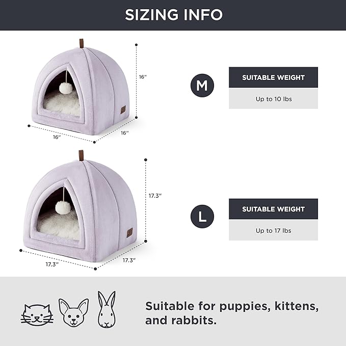Bedsure Cat Beds for Indoor - 2 in 1 Cat Cave House Tent for Kittens and Small Pets with Removable Washable Cushioned Pillow, Foldable Kitten Hideaway with Non-Slip Bottom, Purple, 16 inches