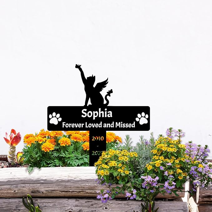 Personalized Cat Memorial Grave Marker Stake, Custom Pet Cat Memorial Stake Grave Marker for Outdoors Paws Cat Metal Plaque Sign with Stake, Cat Memorial Gift Garden Stake Sympathy Sign