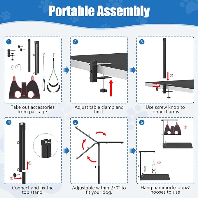 Dog Grooming Arm with Clamp,35" Pet Grooming Hammock Table Arm with Adjustable No Sit Haunch Holders,Dog Grooming Table Stand for Foldable at Home with Loop Noose for Small Dogs and Medium Pets