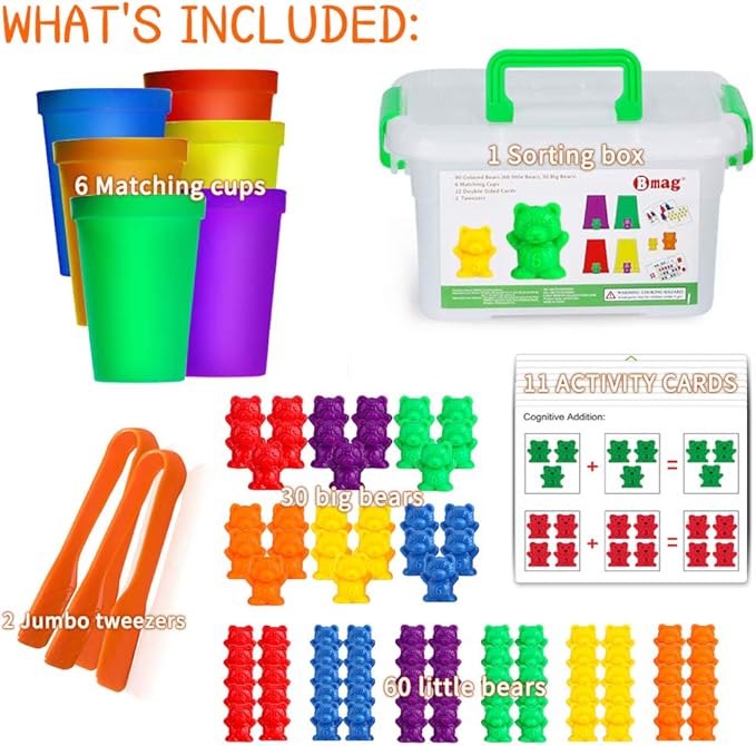 Bmag Counting Bears with Matching Sorting Cups,Number Color Recognition STEM Educational Toy for Toddler, Pre-School Learning Toy with 90 Bears,2 Tweezers,11 Activity Cards,1 Storage Box
