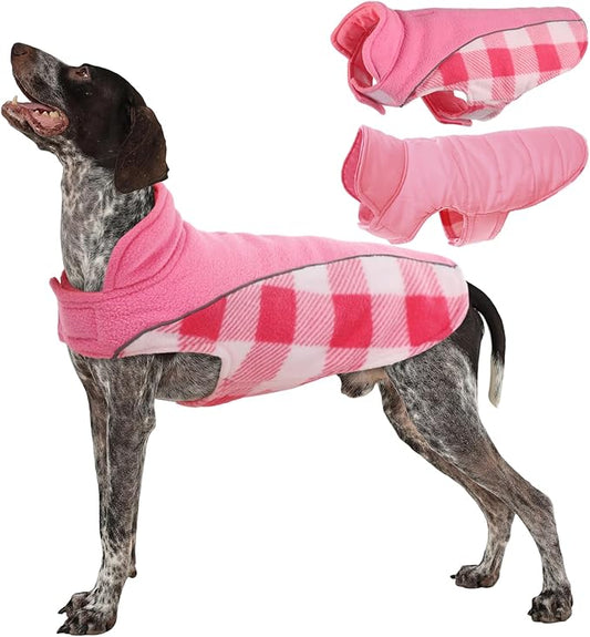 Kuoser Dog Winter Coat, Reversible Waterproof Dog Jacket with Reflective Strip, Warm Dogs Fleece Vest Adjustable Doggy Cold Weather Clothes Plaid Christmas Outfit Pet Apparel for Medium Dogs, Pink M