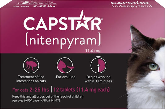 Capstar (nitenpyram) Cat Flea Treatment, Fast-Acting Oral Flea Treatment for Cats 2-25 lbs, Vet-Recommended Medication Tablets Start Killing in 30 Minutes, 12 Doses