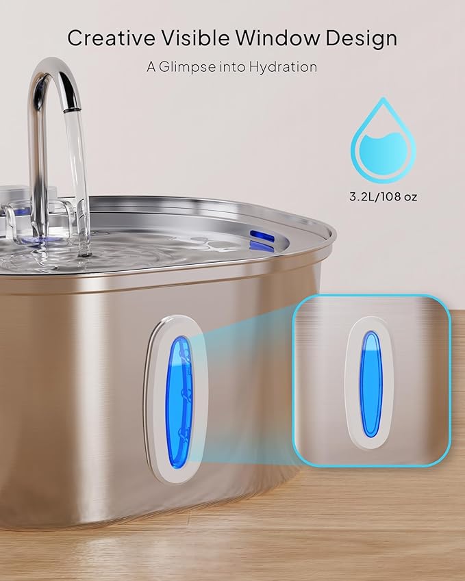Cat Water Fountain - 3.2L/108oz Stainless Steel Pet Water Drinking Fountain for Cats Indoor, Dog Water Fountain with Water Level Window