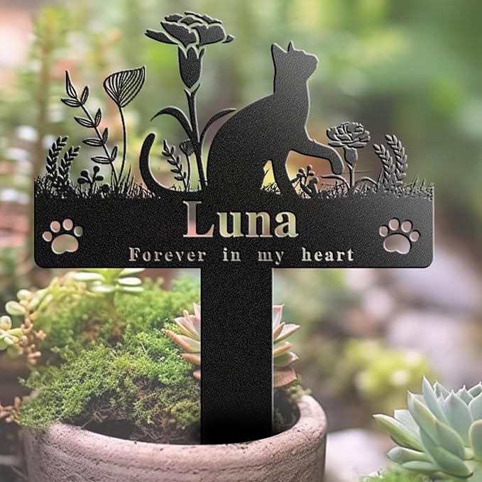 Custom Cat Grave Marker Cat Burial Stake, Personalized Butterfly Flowers Cat Memorial Garden Stake, Metal Cat Memorial Plaque for Outdoors, Customized Pet Headstone
