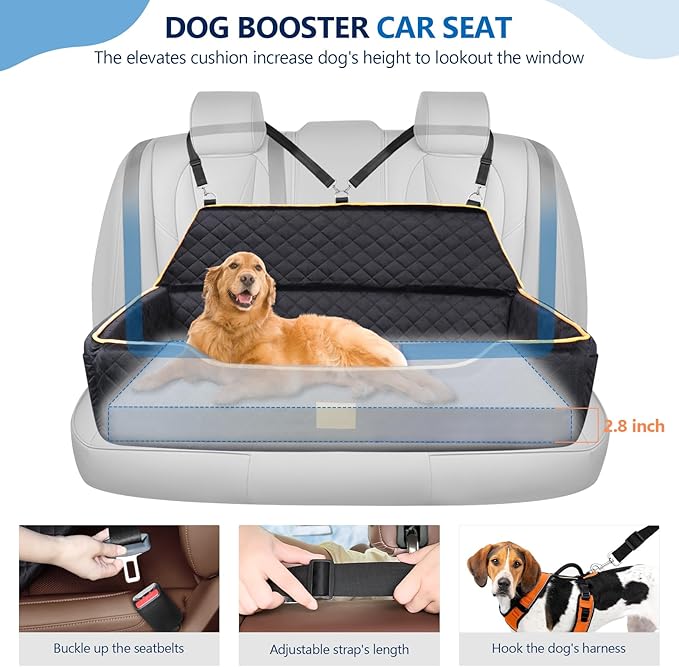 GL GLENSLAVE Dog Car Seat for Large/Medium Dogs, Comfortable Pet Car Booster for Back Seat, Fully Detachable & Washable Dog Travel Bed with Storage Pockets,2 Safety Belts