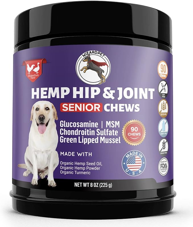 Mobility Hemp Oil Hip & Joint Supplement for Senior Dogs Chondroitin Glucosamine MSM Turmeric Green Lipped Mussel Extra Strength Formula for Dog 90 Chews