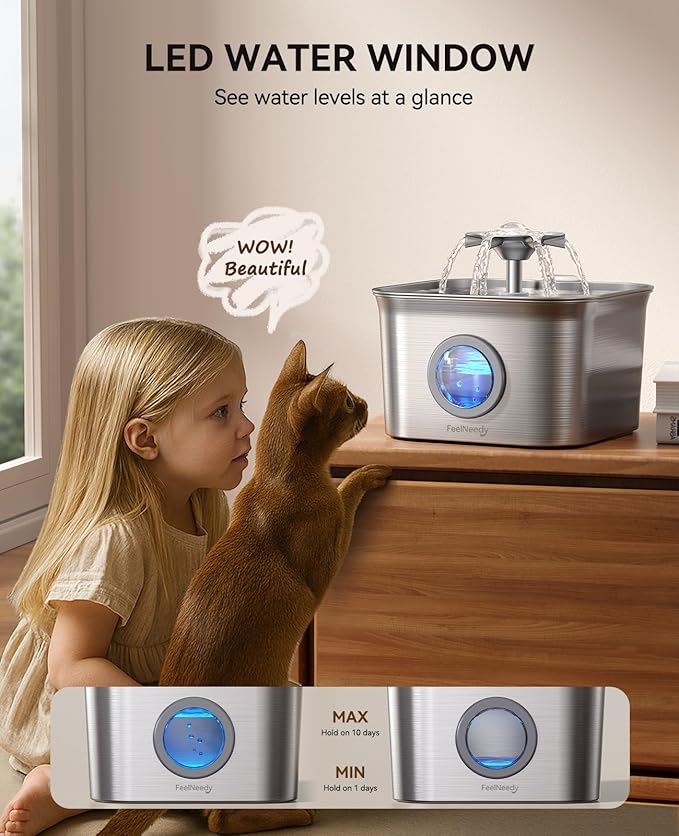 Stainless Steel Cat Water Fountain for Drinking with 3 Filters, 2.8L Auto Pet Drinking Fountain for Cats with 20dB Ultra-Quiet Pump, 24/7 Circulation Filtration LED Water Level Window Dishwasher Safe