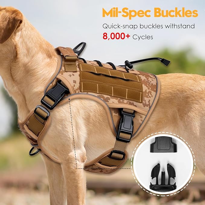 Heavy-Duty Tactical Dog Harness for Large Dogs, No Pull Adjustable Reflective Pet Vest with Molle System, K9 Military-Grade Control for Service Training, Outdoor & 10+ Breeds, Khaki Camo, XX-Large