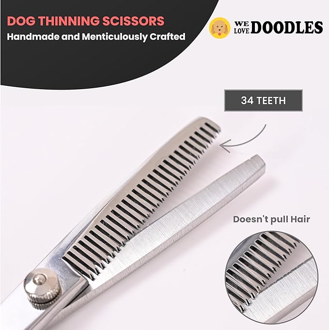 Dog Grooming Scissors Kit - Best Tools for Goldendoodles, Poodles & Doodles - Straight, Curved & Thinning Shears - Golden Doodle Grooming Kit - Professional Grade Steel, 4 Pc Set (Long Silver)