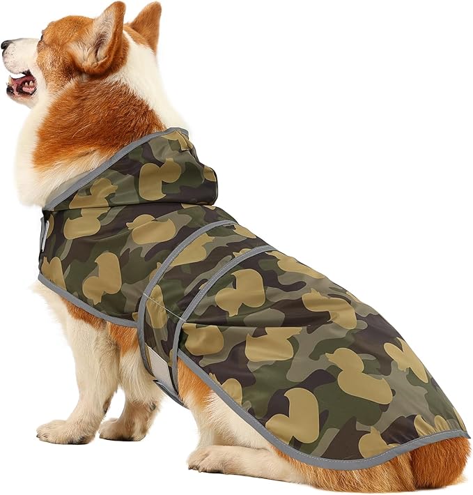 Dog Raincoat for Medium Dogs Waterproof Hooded Rain Jacket with Reflective Strips Leash Hole & Poncho Adjustable Fit (CamoDuck,L)