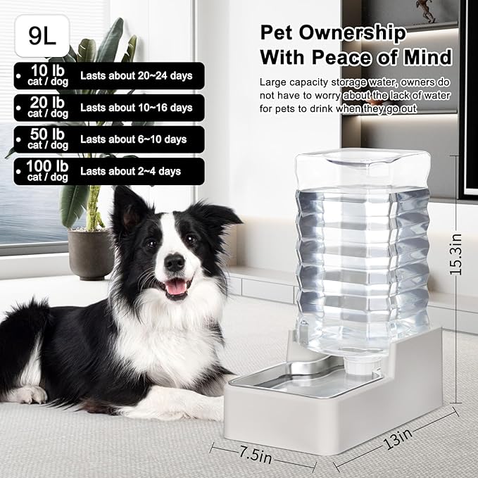 RIZZARI Stainless Steel Pet Water Feeder: 9L Automatic Leak-Proof Gravity Dispenser for Cats Dogs Indoor Outdoor Use（Beige Without Filter,9L）