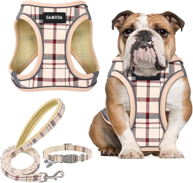 GAMUDA Small Dog Harness Collar and Leash Set, Step in No Chock No Pull Soft Mesh Adjustable Dog Vest Harnesses Plaid Reflective for Dogs Puppy Cats Kitten Rabbit (Beige, L)