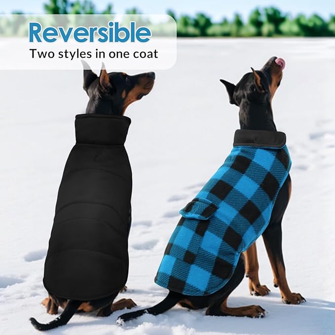 ASENKU Dog Winter Coat, Fleece Doggie Jacket Plaid Reversible Vest Waterproof Windproof Cold Weather Clothes for Small Medium Large Dogs (Blue,3XL)