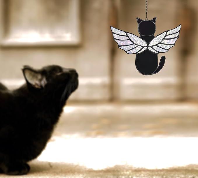 Angel Rainbow Wing Cat Memorial Gifts, Stained Glass Decor for Window Hangings, Orange Black Cat Suncatcher, Loss of Pet Sympathy Gift (Black)