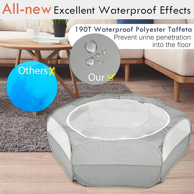 Pawaboo Small Animals Playpen, Waterproof Small Pet Cage Tent with Zippered Cover, Portable Outdoor Yard Fence with 3 Metal Rod for Chick/Kitten/Puppy/Guinea Pig/Rabbits/Hamster/Chinchillas,Light Gray