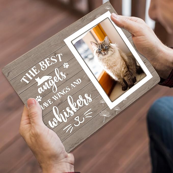 Cats Memorial Picture Frame,The Best Angels Have Wings and Whiskers,Wooden Pet Remembrance Gift for Cat Owners, Sympathy Gift for Loss of a Cat(4 x 6 Photo)