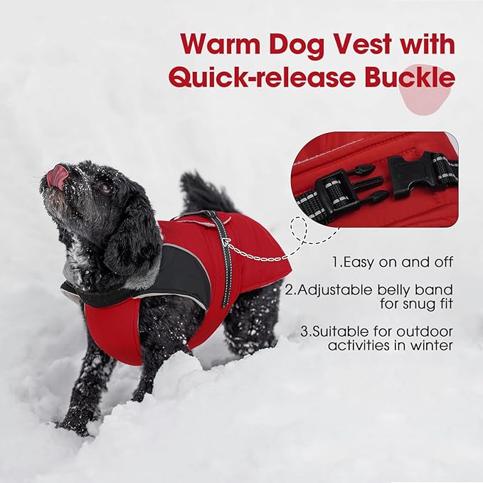 Nanaki Small Dog Coat for Winter Waterproof, Warm Fleece Lining Furry Collar Dog Jacket with Leash Hole, Reflective Adjustable Cold Weather Puppy Jacket Vest, Pullover Pet Snow Suit Male Female,Red S