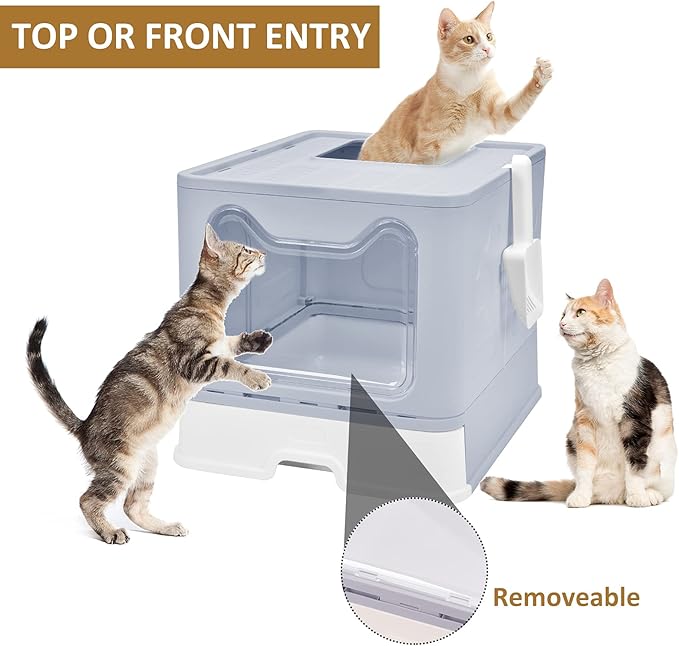 Top Entry Cat Litter Box With Lid - Enclosed Anti-Splashing Potty, Foldable Large Covered Toilet Pan, Cat Supplies With Scoop, Brush and Garbage Bag