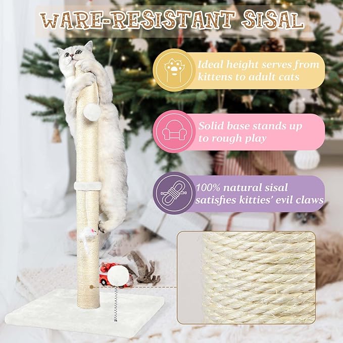 ANWA 32" Tall Cat Scratching Posts for Indoor Cats, 3-in-1 Cat Scratching Post with Plush Toys, Premium Sisal Post for Cats at All Ages with Reinforced Stable Base, Cream White
