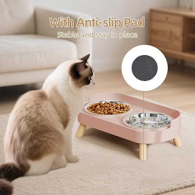 Elevated Cat Bowl, Raised Cat Food and Water Bowl Set for Indoor Cats, Splash Proof with 2 Stainless Steel Pet Food Bowls for Cats and Puppies, Whisker Fatigue and Dishwasher Safe - Pink