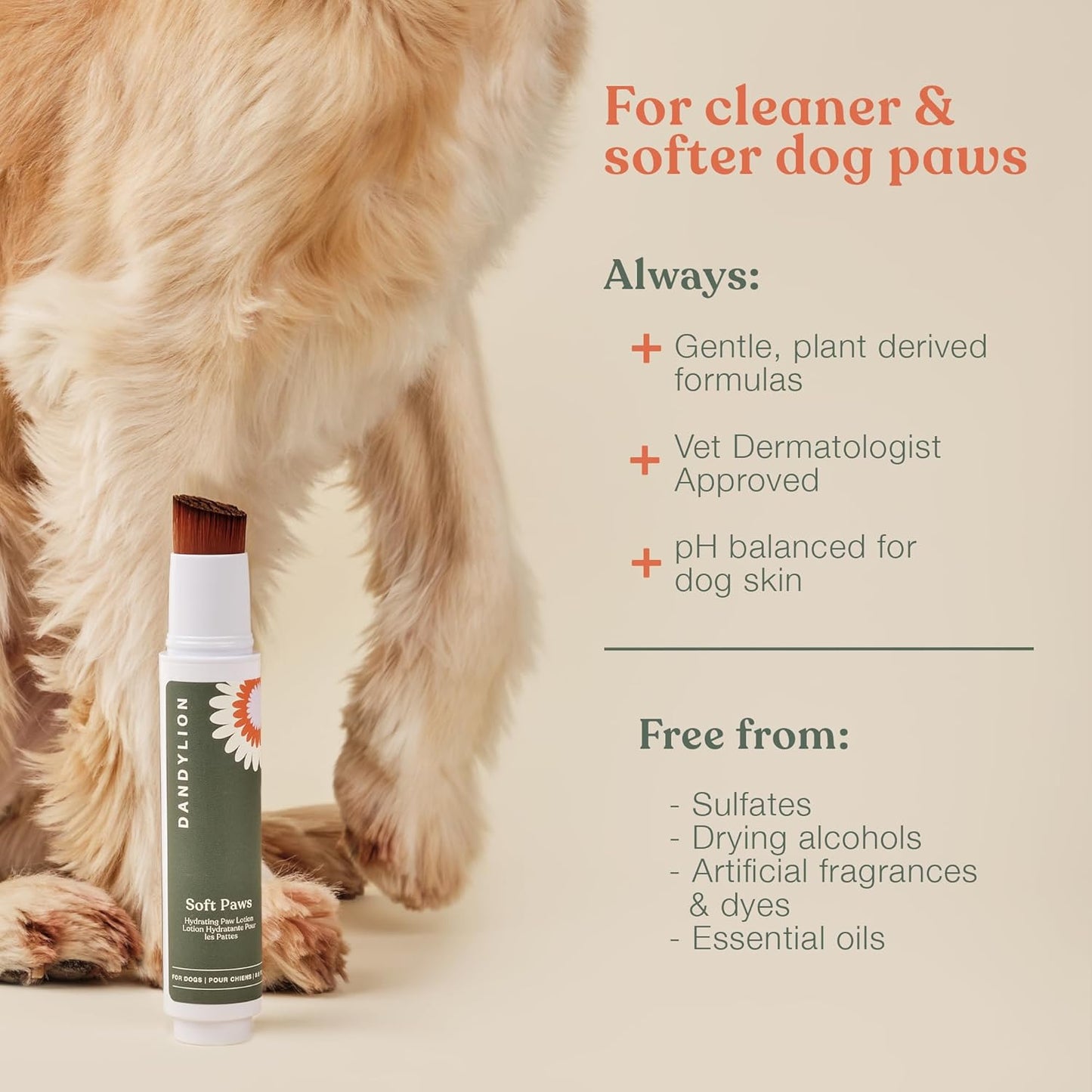 Dandylion Soft Paws | Paw Lotion with Brush | Dog Paw Balm Hydrating Alternative | Vet-Approved, Lick-Safe & Fragrance-Free | pH-Balanced for Itchy, Dry, Cracked Paws, Small & Large Dogs 0.6 fl oz