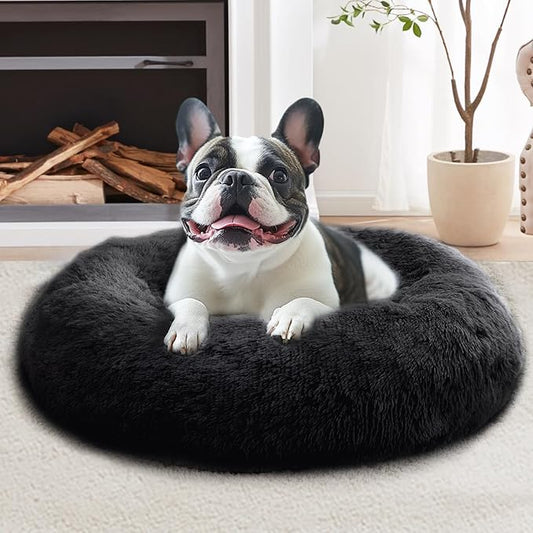 JOLLYVOGUE Calming Dog & Cat Bed for Small Dogs, Anti-Anxiety Donut Cuddler Cozy Soft Round Bed with Anti-Slip Bottom, Fluffy Faux Fur Plush Cushion Beds for Small Medium Pets (20")