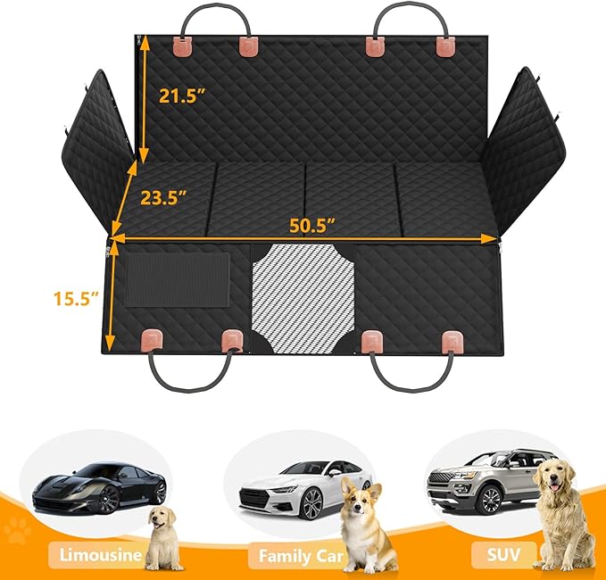 Back Seat Extender for Dogs, Hard Bottom Dog Car Seat Cover - Supports 400lbs, Rear Seat Pet Cover with Mesh Window, Waterproof Dog Hammock for Car SUV and Trucks