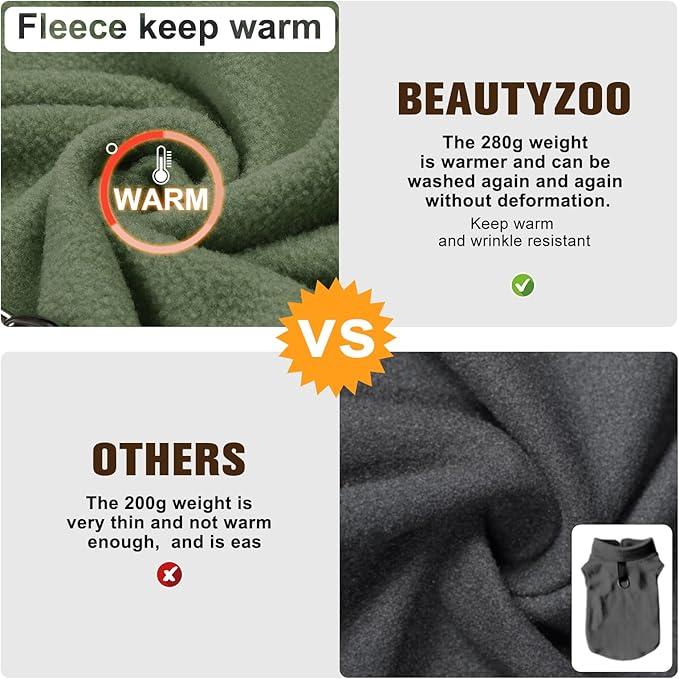 BEAUTYZOO Dog Fleece Vest Sweater Winter Jacket for Small and Medium Dogs with D-Ring Leash Cold Weather Coat Hoodie for XS S M Dogs Boy or Girls, Large