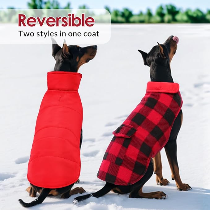 ASENKU Dog Winter Coat, Fleece Doggie Jacket Plaid Reversible Vest Waterproof Windproof Cold Weather Clothes for Small Medium Large Dogs (Red, XL)
