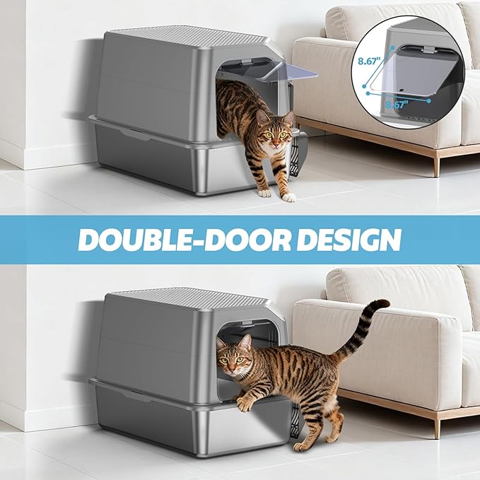 Enclosed Stainless Steel Cat Litter Box with Lid, XL Extra Large Litter Box for Big Cats, Metal Litter Pan High Sided, Never Absorbs Odors, Anti-Urine Leakage, Include Scoop (Light Grey)