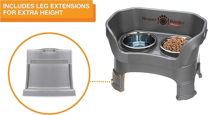 Neater Feeder Deluxe Mess Proof Dog Bowls Elevated for Medium Sized Breeds – Made in USA – No Spill Raised Slow Feeder Elevated Dog Bowl Stand w/Leg Extensions, Food and Water Bowl Set, Grey
