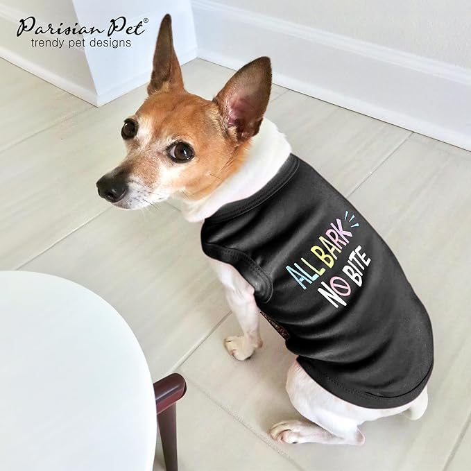 Parisian Pet Dog T-Shirt - Embroidered ' All Bark No Bite ' 100% Cotton, Dog Clothes - Sleeveless Pet Vest - Machine Washable Dog Shirts for Small Dogs XXS