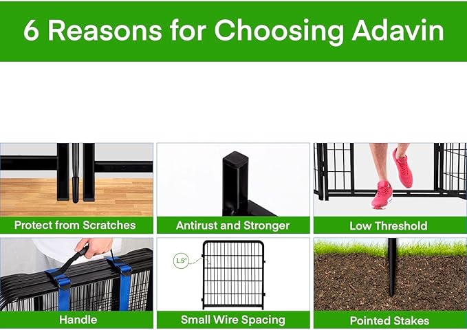 ADAVIN 32 in(H) Garden Fence with Low Threshold Door,14 Panels Total 31Ft(L) Dog Fences for The Yard, Outdoor or Indoor Dog Playpen, Black Metal Garden Fencing Animal Barrier