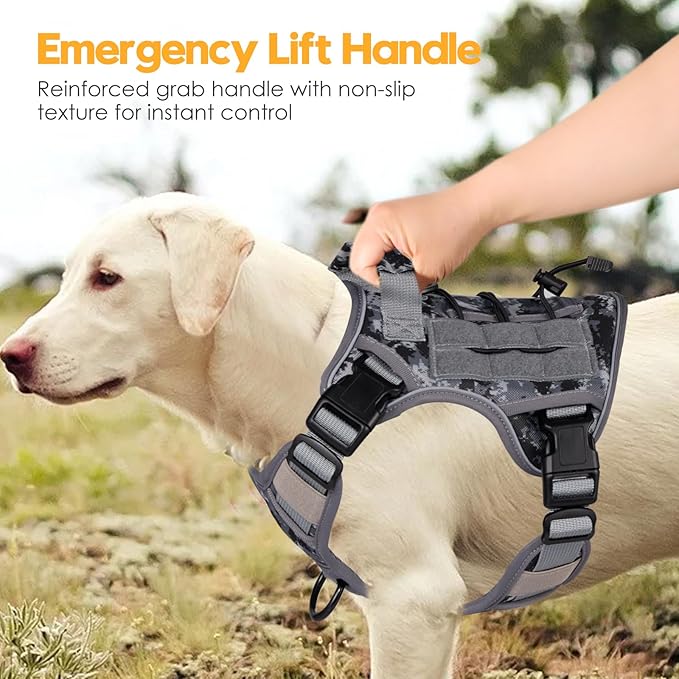 Heavy-Duty Tactical Dog Harness for Large Dogs, No Pull Adjustable Reflective Pet Vest with Molle System, K9 Military-Grade Control for Service Training, Outdoor & 10+ Breeds, Gray Camo, Medium