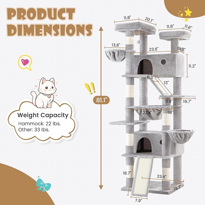 SHA CERLIN 81in Multi-Level Tall Cat Tree Tower for Indoor Kitties/Larger Cat Condo Furniture with Hammock/Cozy Pussycat Perches/Sisal Scratching Posts/Pet House/Wide Base/Grey