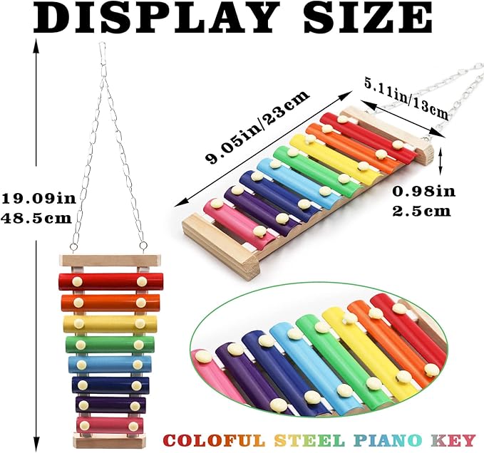 Dnoifne Colorful Bird Xylophone Toy, Suspensible Funny Xylophone Toy with 8 Metal Keys, Cage Accessories for Chicken Birds Parrots Parakeets Cockatiels Budgies Love Birds