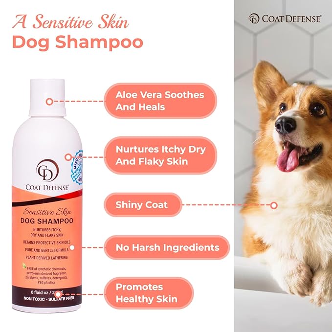 COAT DEFENSE Sensitive Dogs Shampoo | Made in USA | All-Natural Hypoallergenic - Soothes and Relieves Itchy & Dry Skin | 8 Ounces Concentrated Makes 32 Ounces
