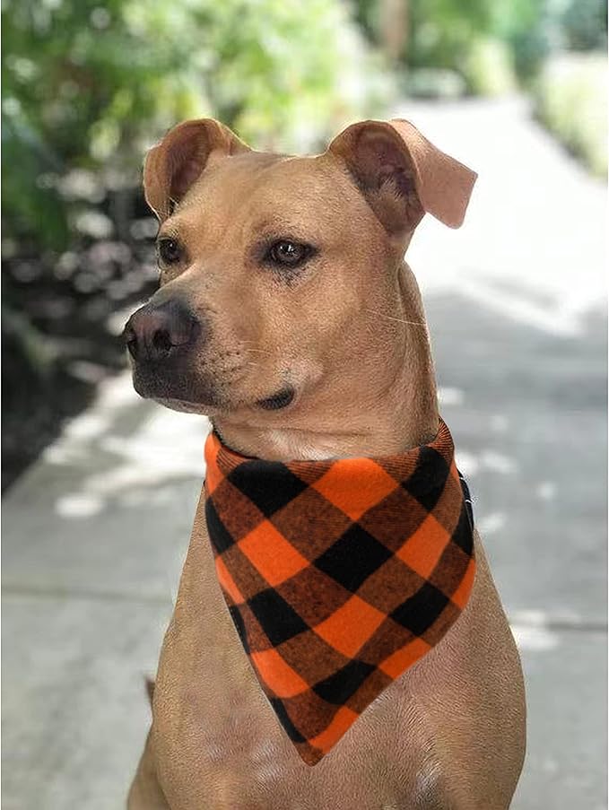 Realeaf Fall Halloween Dog Bandanas 2 Pack, Orange Plaid Pet Scarf for Boy and Girl, Premium Durable Fabric, Holiday Thanksgiving Bandana for Medium and Large Dogs (Large)