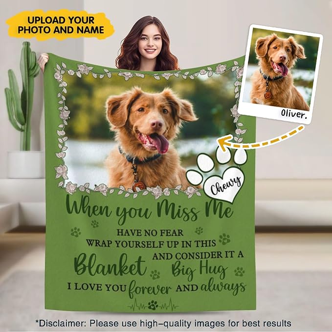 Custom Pet Memorial Blanket with Photo,Personalized Dog/Cat Loss Sympathy Gift,Pet Loss Bereavement Remembrance Gifts,Flannel Throw Blanket with Pictures (Dark Green)