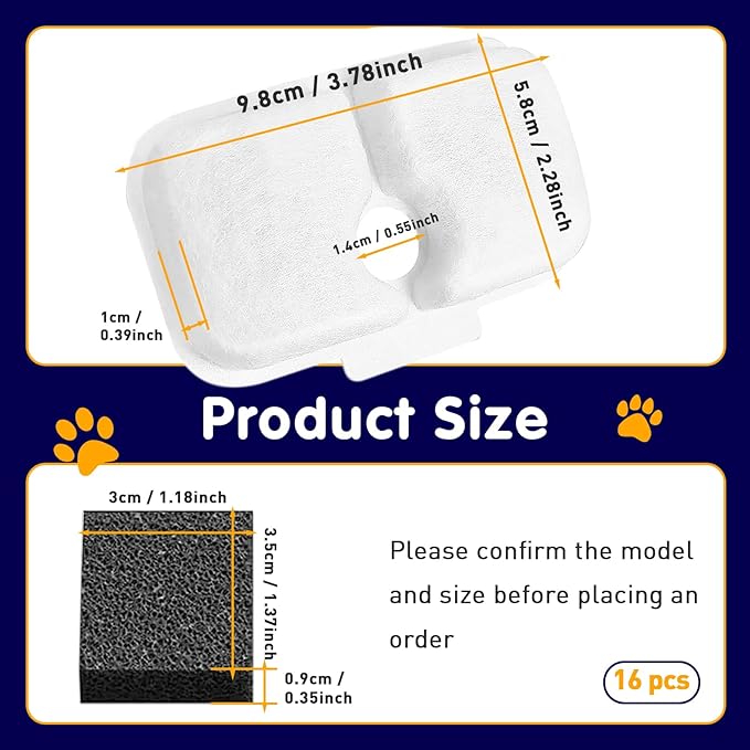 16-Pack Cat Water Fountain Filter Replacement for Petlibro - Pre-Filter Sponges Compatible with PLWF105, PLWF115, PLWF005-8 Months Set of Replacement Filters for Ultra Quiet Pet Water Fountain