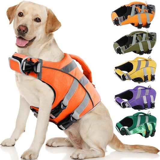 Kuoser Dog Life Jacket with Reflective Stripes - Adjustable High Visibility Vest, Ripstop Lifesaver, Pet Preserver with High Flotation Swimsuit for Small, Medium and Large Dogs