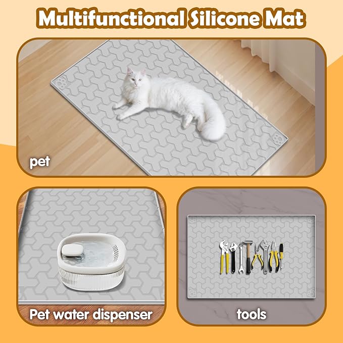 Silicone Cat Litter Mat, Large 34"x22", Foldable and Easy to Clean, Waterproof, Leak-Proof, and Urine-Proof, Protects Floors, Suitable for Indoor Litter Box Mats.(Gray)