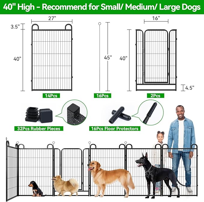 Dog Playpen Outdoor 16 Piece Panels Heavy Duty Dog Fence 40" Height Anti-Rust with Doors Portable for RV Camping Yard, Total 36FT, 102 Sq.ft, Snowy Black