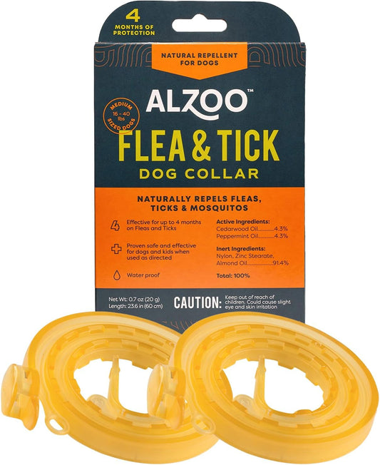 ALZOO Natural Flea & Tick Dog Collar - Helps Repel Fleas, Ticks & Mosquitoes - 100% Plant-Based Active Ingredients - Waterproof - Up to 4 Months Protection - Medium-Sized Dogs: 16-40 lbs - Pack of 2